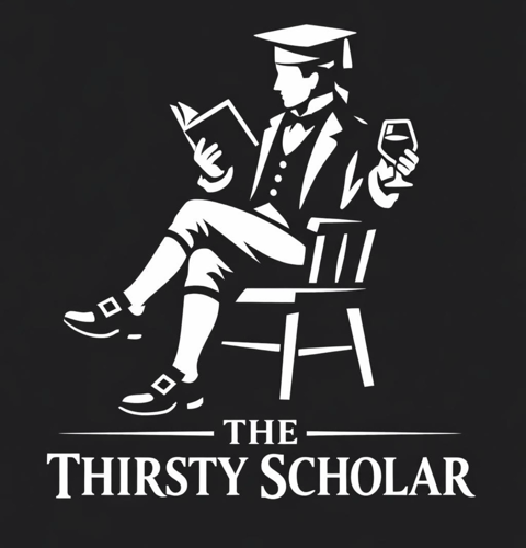 The Thirsty Scholar - A scholarly figure reading while enjoying a glass of wine